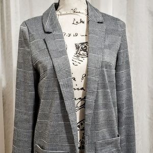 Divided plaid and houndstooth longline blazer